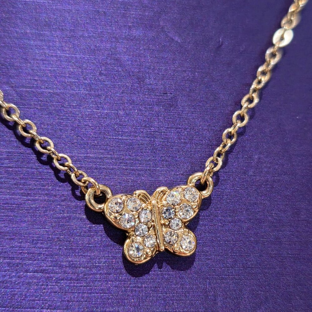 Gold Butterfly Pave Rhinestone Small Gold Chain Pendant Necklace Dainty Small